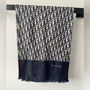 Navy Blue Silk Twill Dior Oblique Stole Scarf